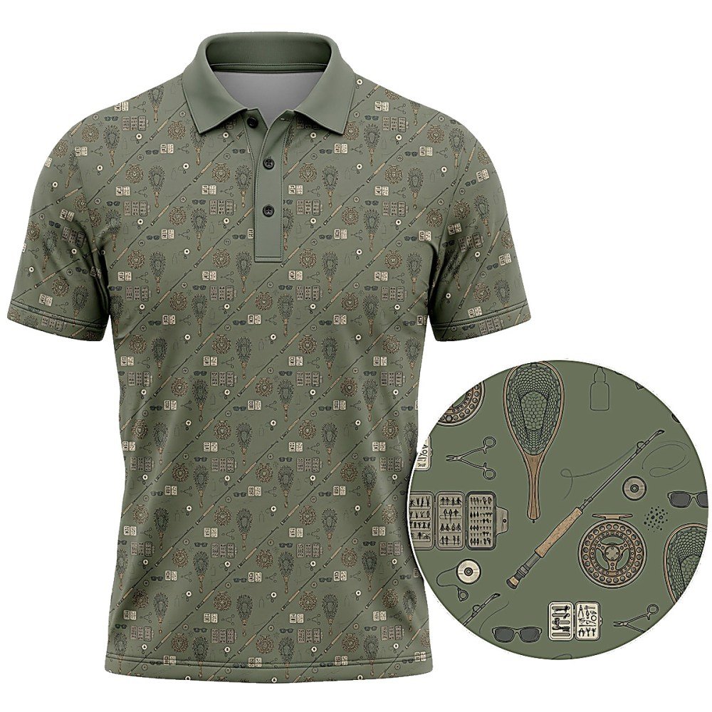 Fly Fishing Gear Line Art Polo Shirt