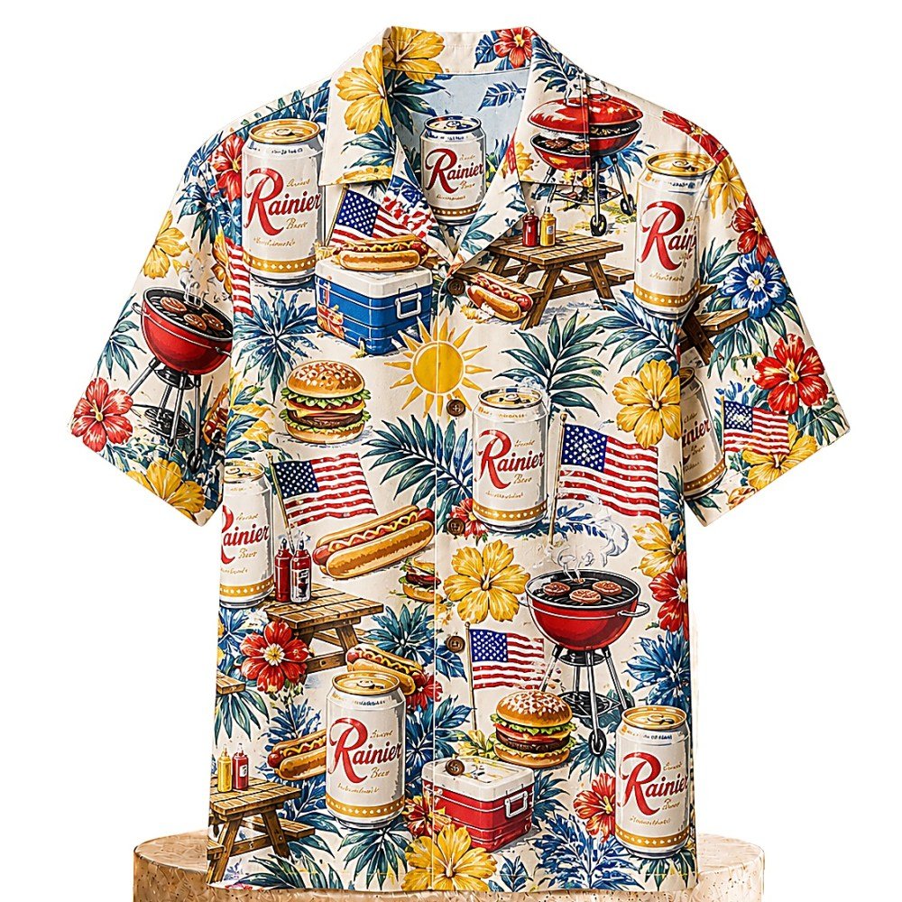 Rainier Beer Backyard BBQ Party Hawaiian Shirt - Image 2